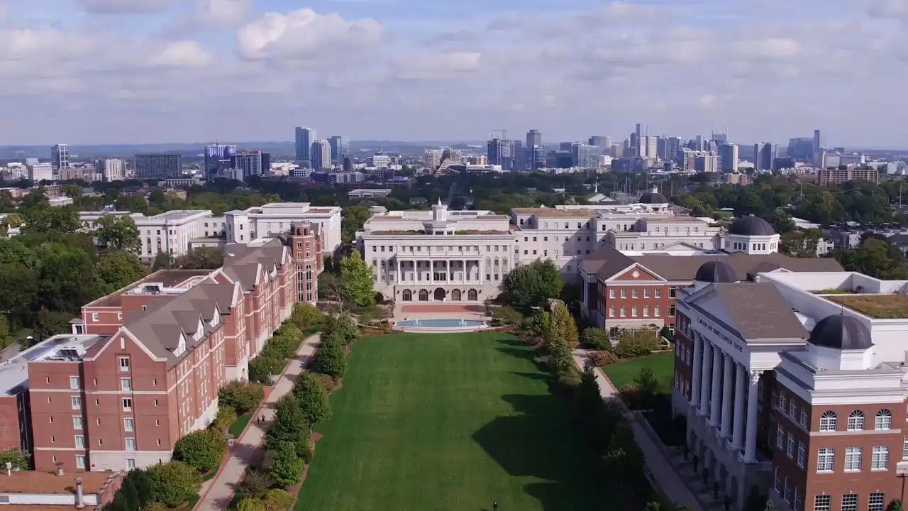An aerial view of Belmont's main lawn with Nashville in the distance