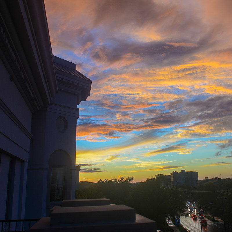 View from the balcony on the Inman Center at sunset