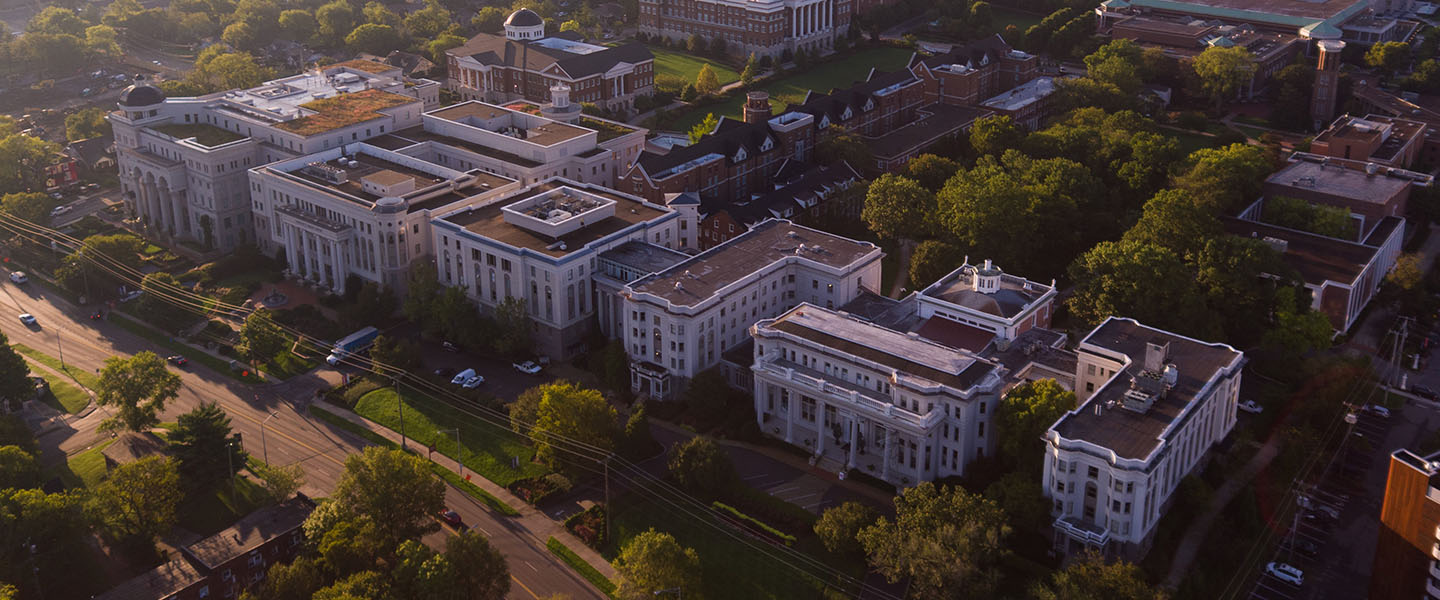Aerial view of Belmont's campus at sunrise