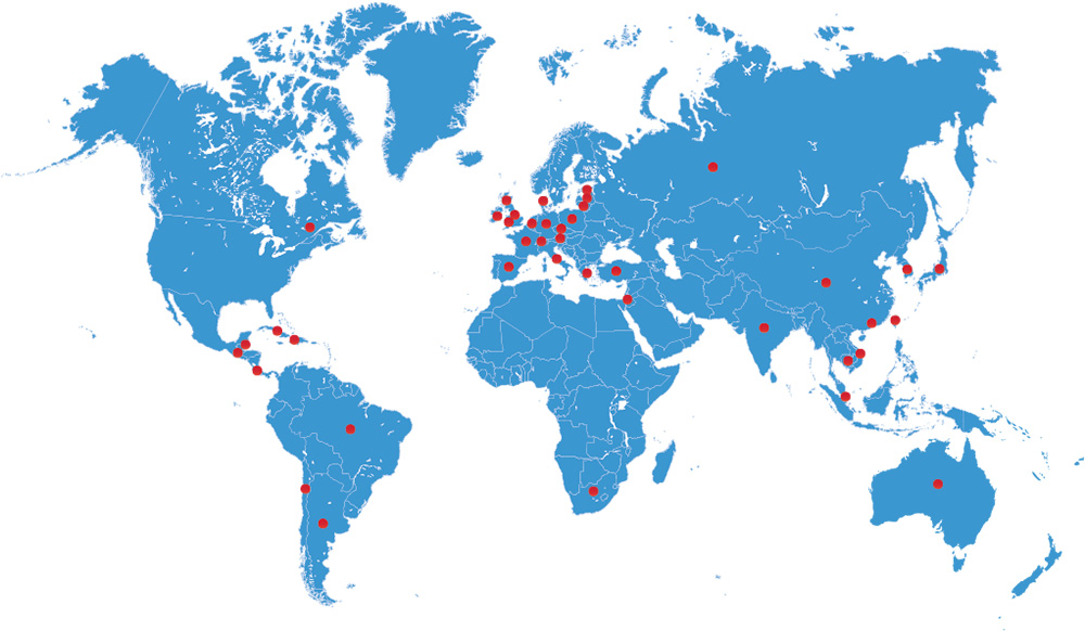 Map of the world with red dots depicting the countries that students study abroad in.