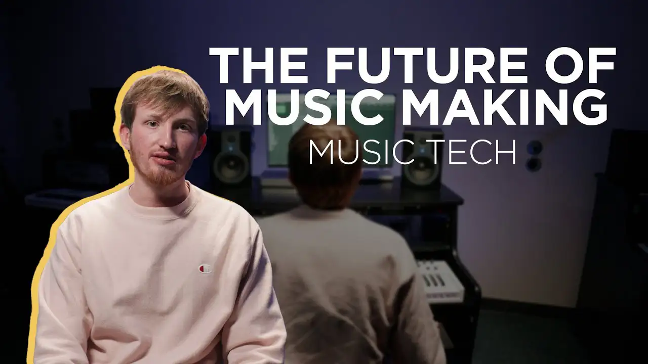 Young man sitting in a music studio, discussing the future of music making, with text overlay reading 'THE FUTURE OF MUSIC MAKING' and 'MUSIC TECH'.