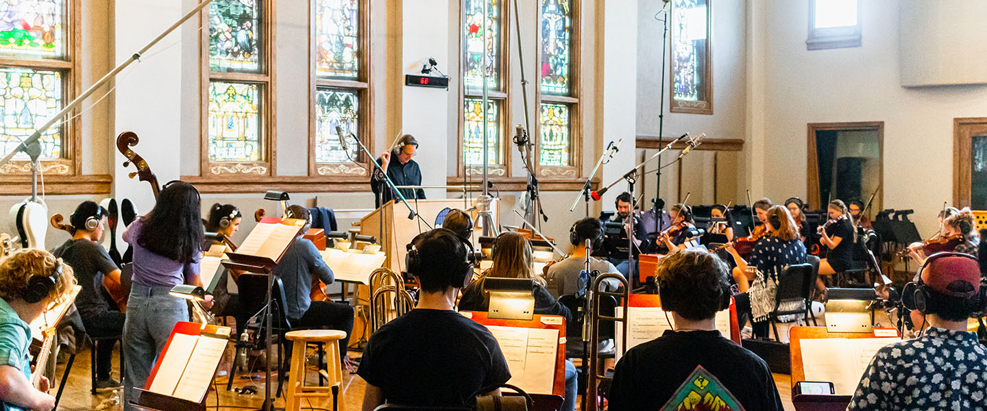 An orchestra plays in Oceanway Studios.