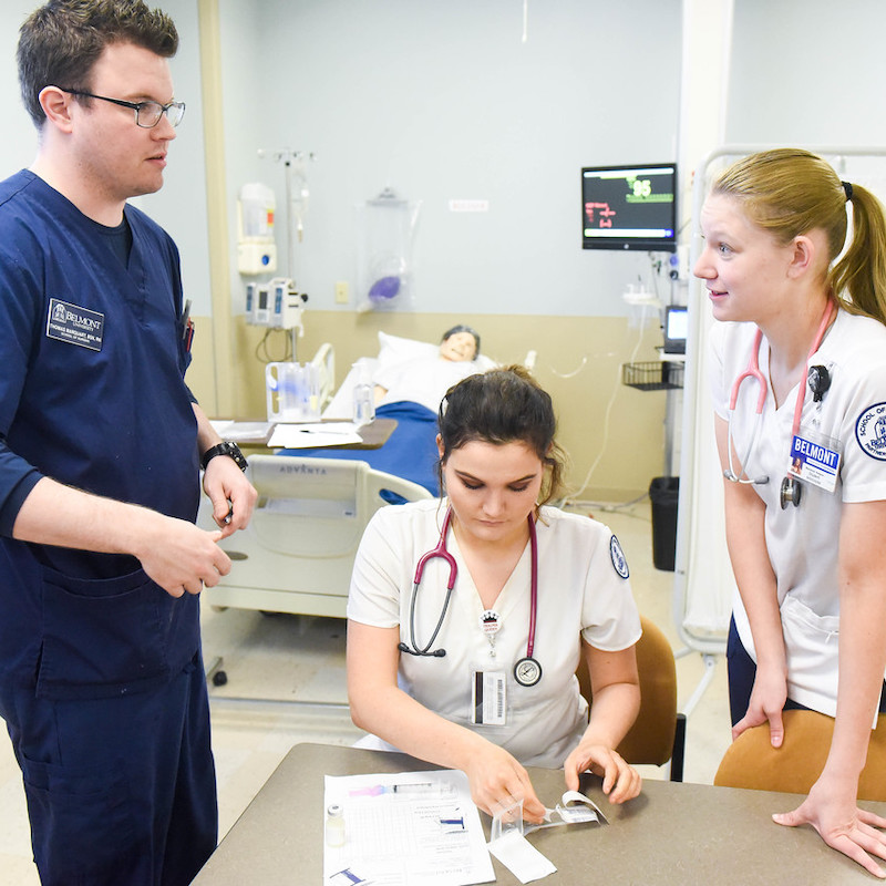 Nursing students having a discussion with an instructor in lab