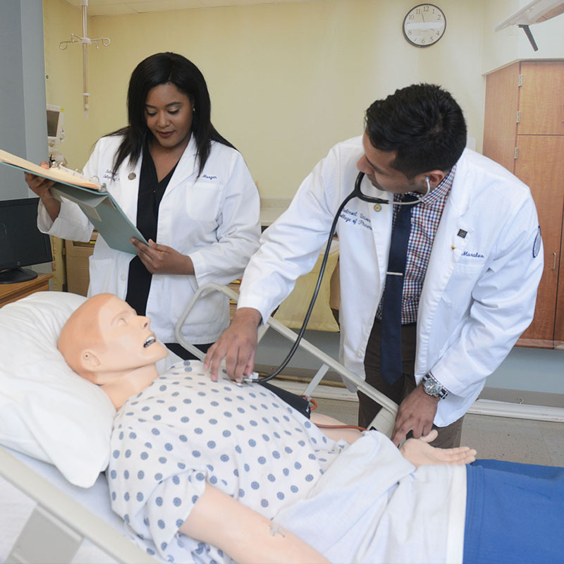 Two Pharmacy students working with a patient simulator