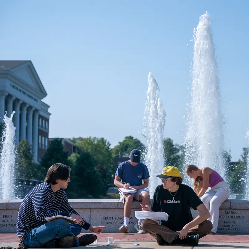 Four students working on a class project in front of the Freedom Plaza fountain
