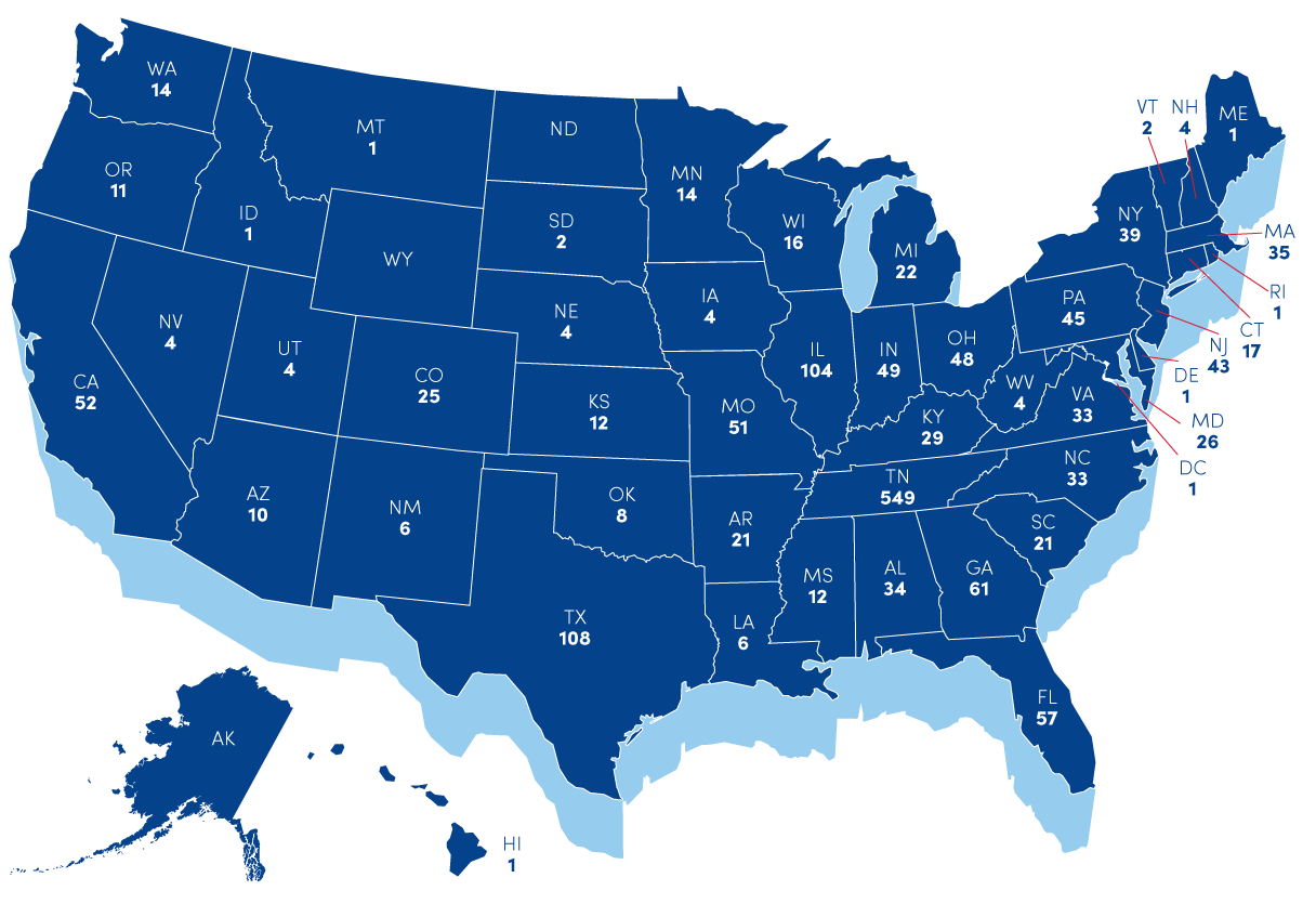 A map of the United States showing the numbers of students from each state