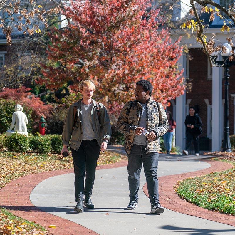Two students walking on a sidewalk to class
