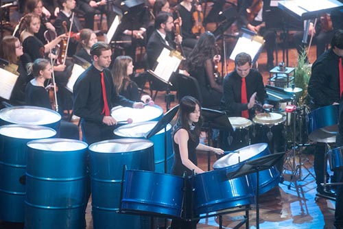 World Percussion Ensemble performs on stage