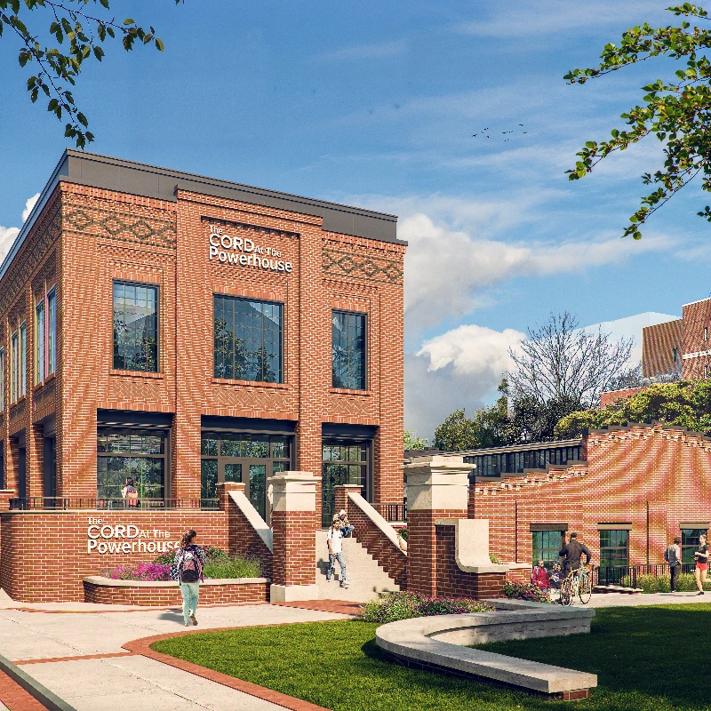 The CORD-Powerhouse turns a historic building in the center of Belmont’s campus into a 17,029-square-foot hub where students across media, music and the arts can meet, create and perform. The project renovates the old powerhouse and adds a new three-story building beside it.