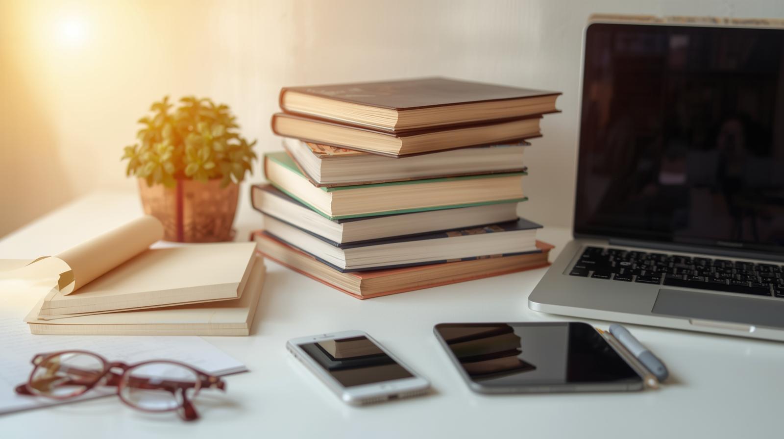 Stack of books, open notebook, laptop, phone, tablet, glasses, and plant on a sunlit desk workspace.