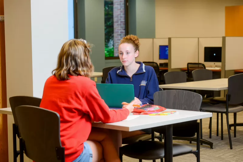 Two students sitting at a table in the library, talking and working on a laptop. 