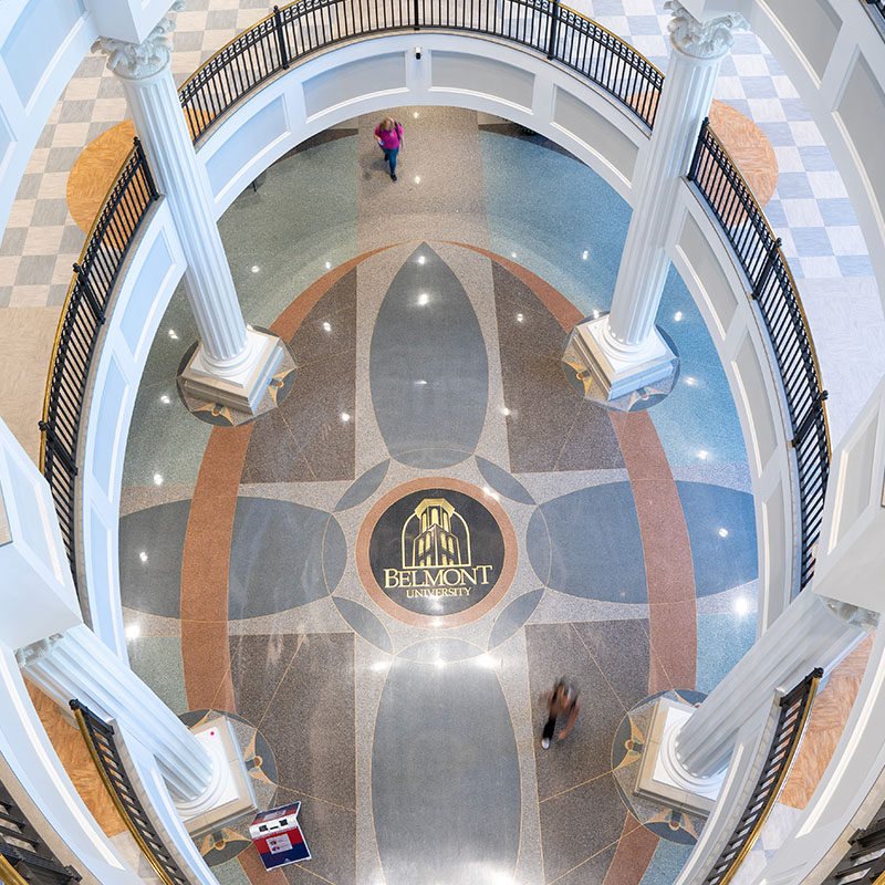 A view of the bottom of the Barkley Grand Atrium from the top floor of the Ayers Academic Center
