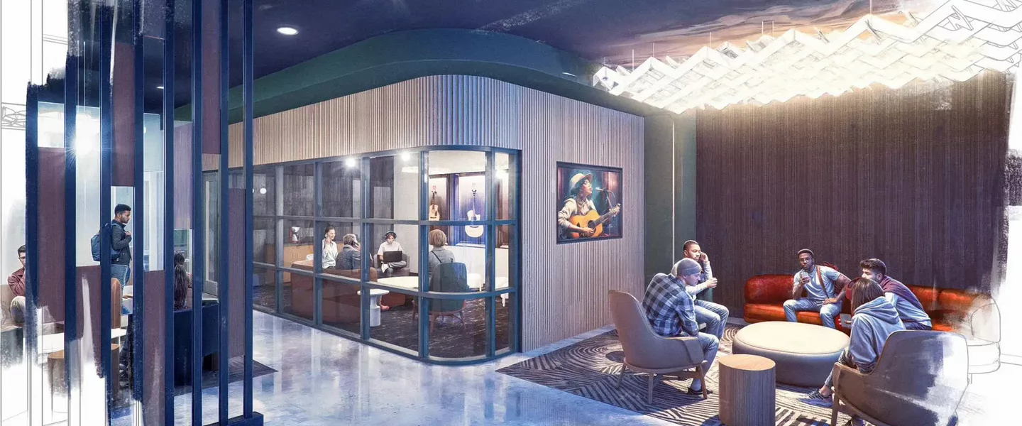 Rendering of students gathering and collaborate in a modern learning and community space with seating areas, meeting rooms and music-themed design.