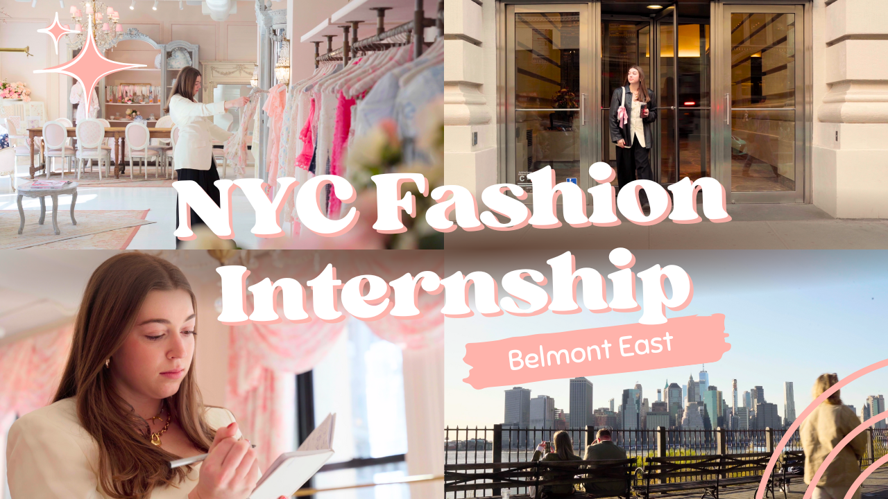 A collage showcasing a Belmont University student’s NYC fashion internship experience through the Belmont East program. The top-left shows a stylish boutique with the student browsing clothing racks; the top-right shows her exiting a building in New York City. The bottom-left shows her writing in a notebook, and the bottom-right captures a scenic view of the NYC skyline from a waterfront park. Bold text in the center reads 'NYC Fashion Internship' with a pink label below saying 'Belmont East.'"