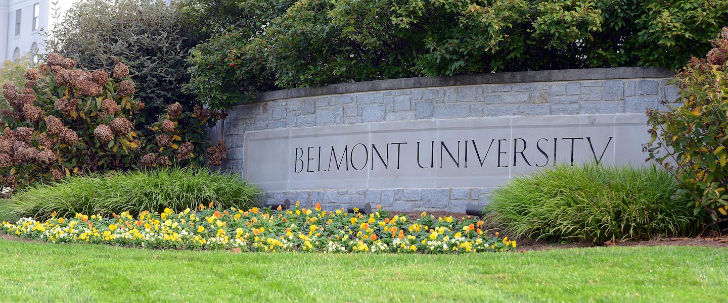 Belmont University stone sign outside on a sunny day