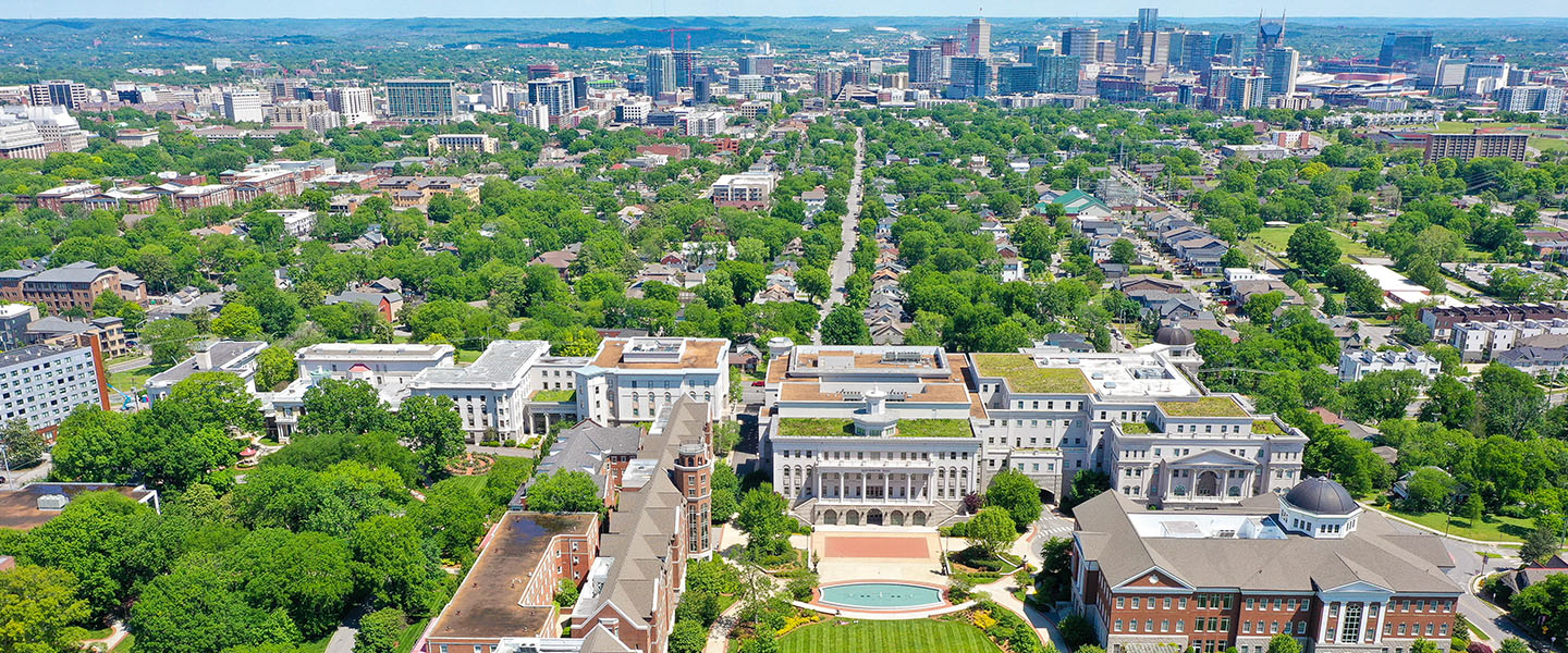 Aerial view of campus with Nashville in the background