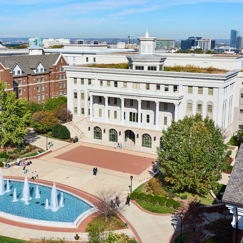 view of campus from massey center overlooking fountains