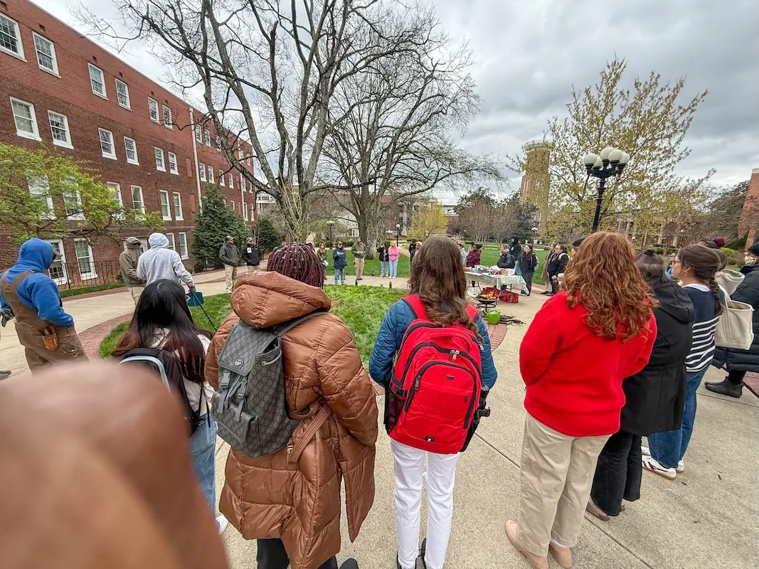 Students gathered around newly planted tree