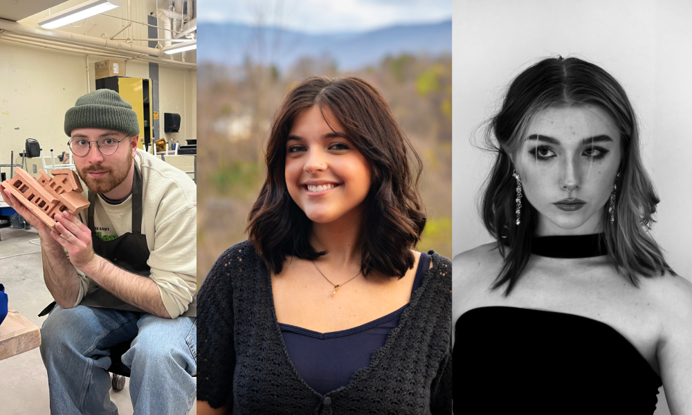 Collage of three individuals: a male artist with a clay sculpture, a smiling woman outdoors, and a dramatic portrait of a woman.