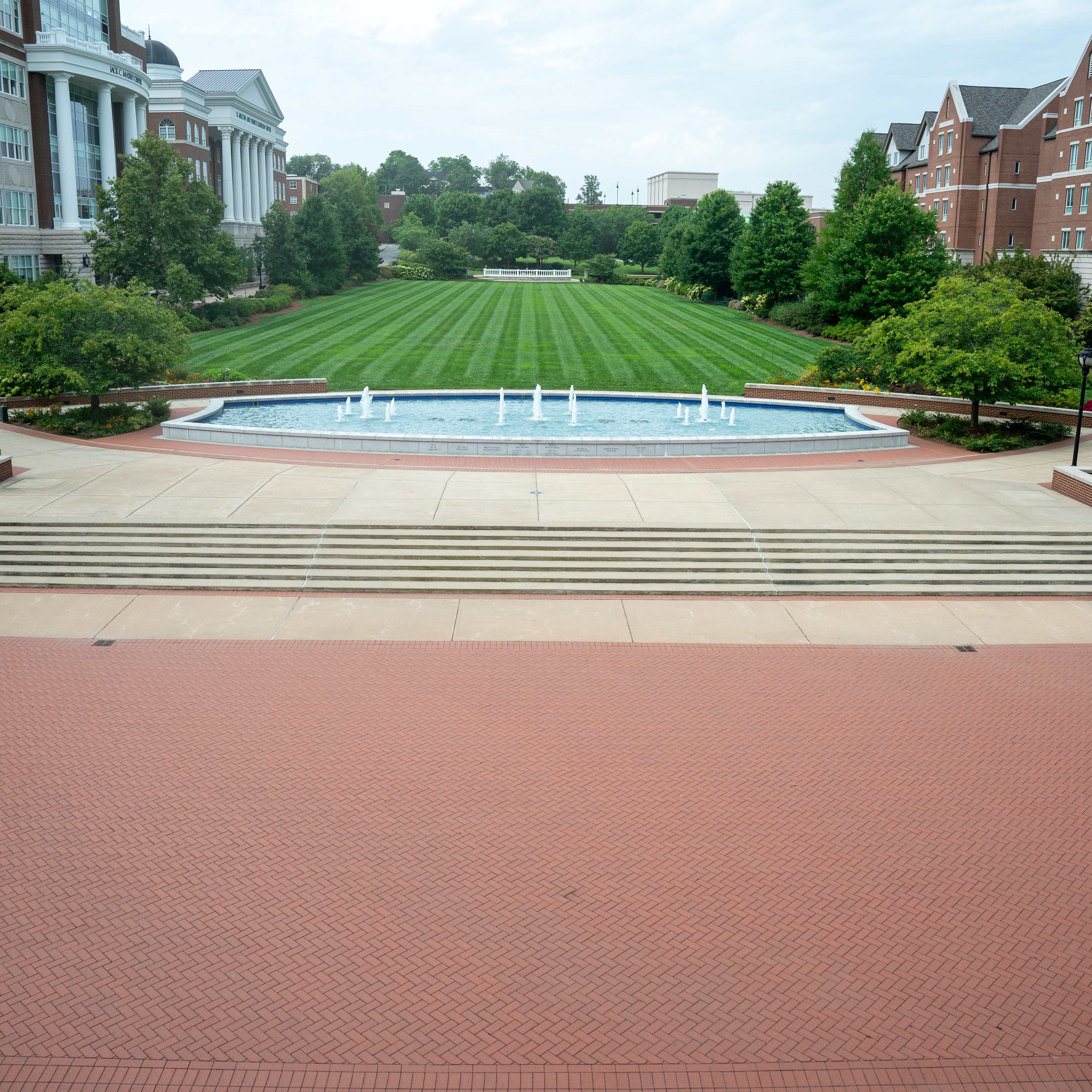 A wide view of Freedom plaza and the south lawn on an overcast day