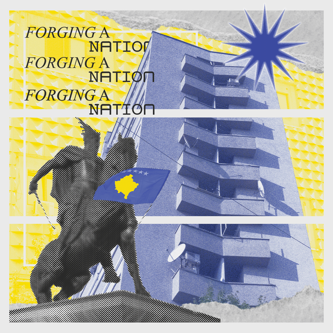yellow and blue graphic portraying an equestrian stature and modern high rise building with text reading Forging a Nation, Forging a Nation, Forging a Nation