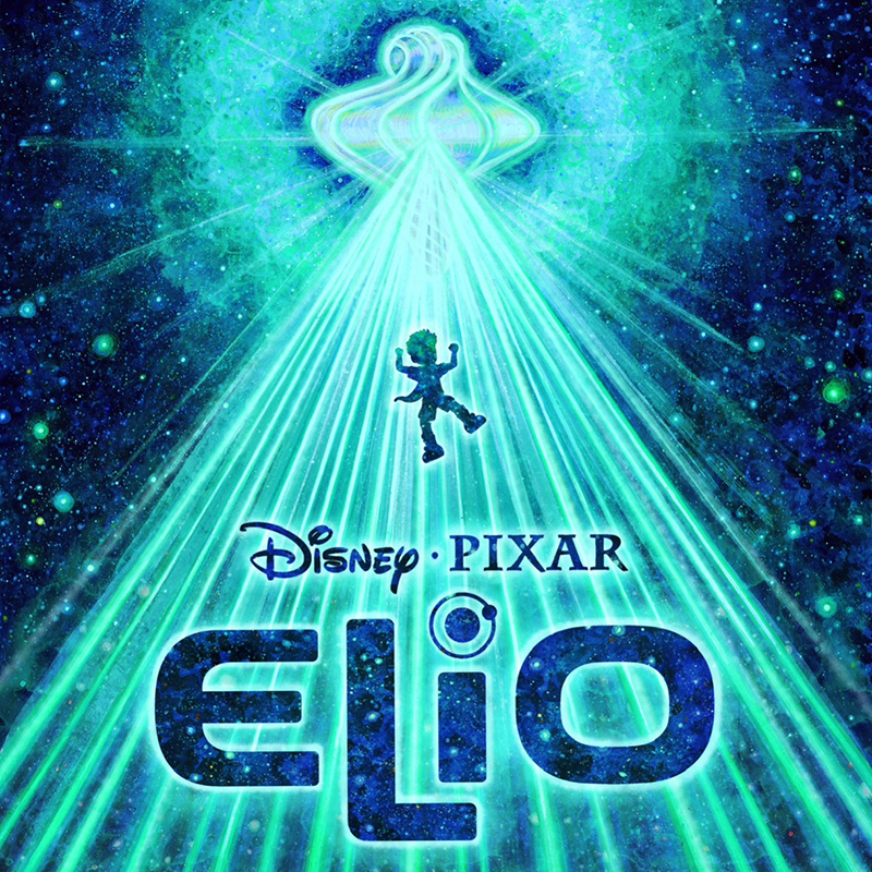 Starry dark blue background with bright turquoise rays radiating from a flame with a boy's silhouette rising towards the flame. The words Disney and Pixar are at the bottom of the word Elio. 
