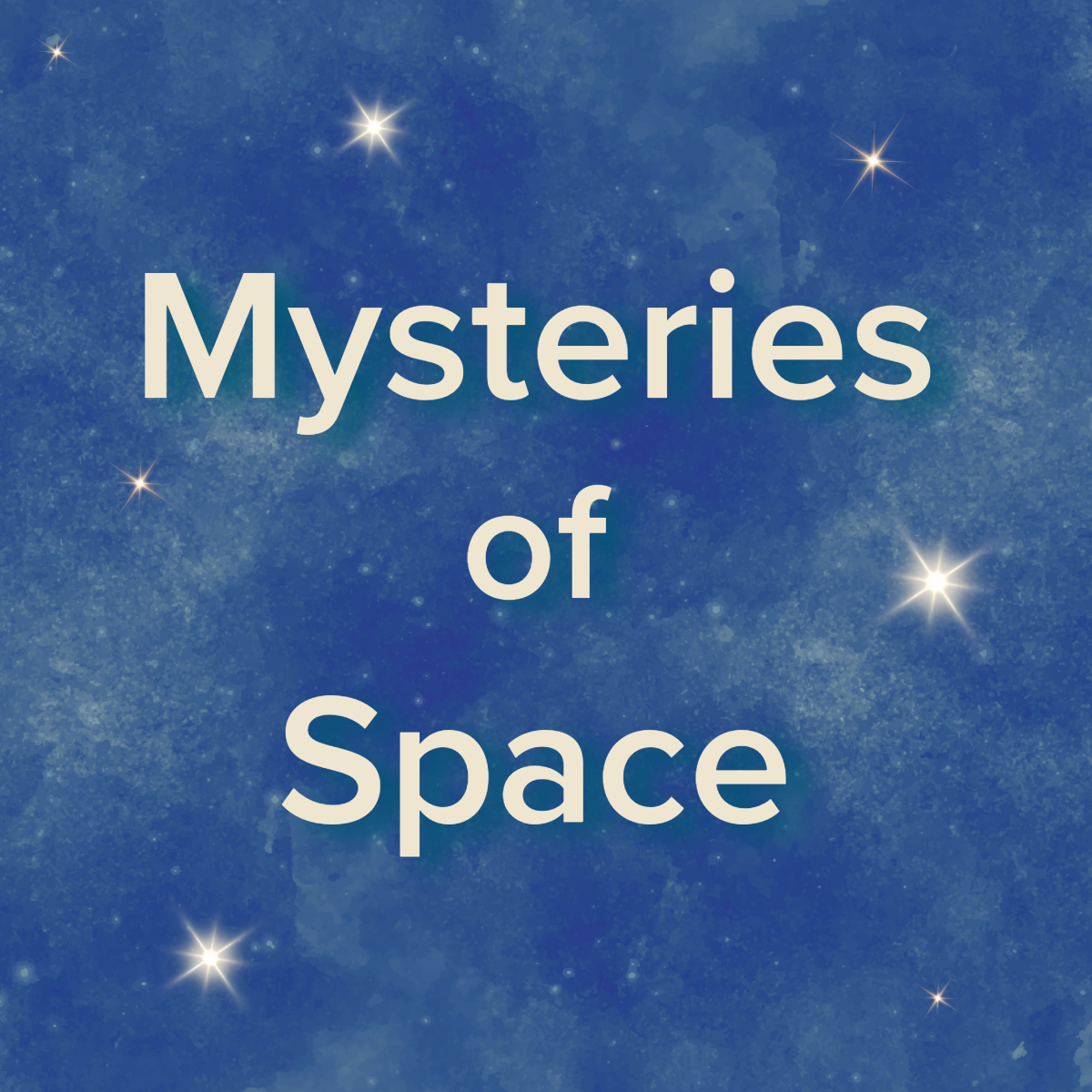 graphic with text saying Mysteries of Space in white with a shooting star background