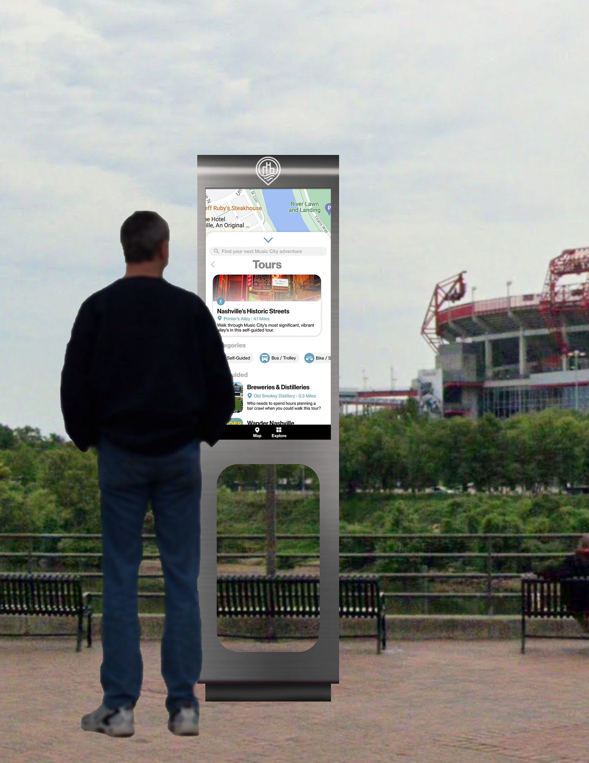 Woman in front of interactive kiosk