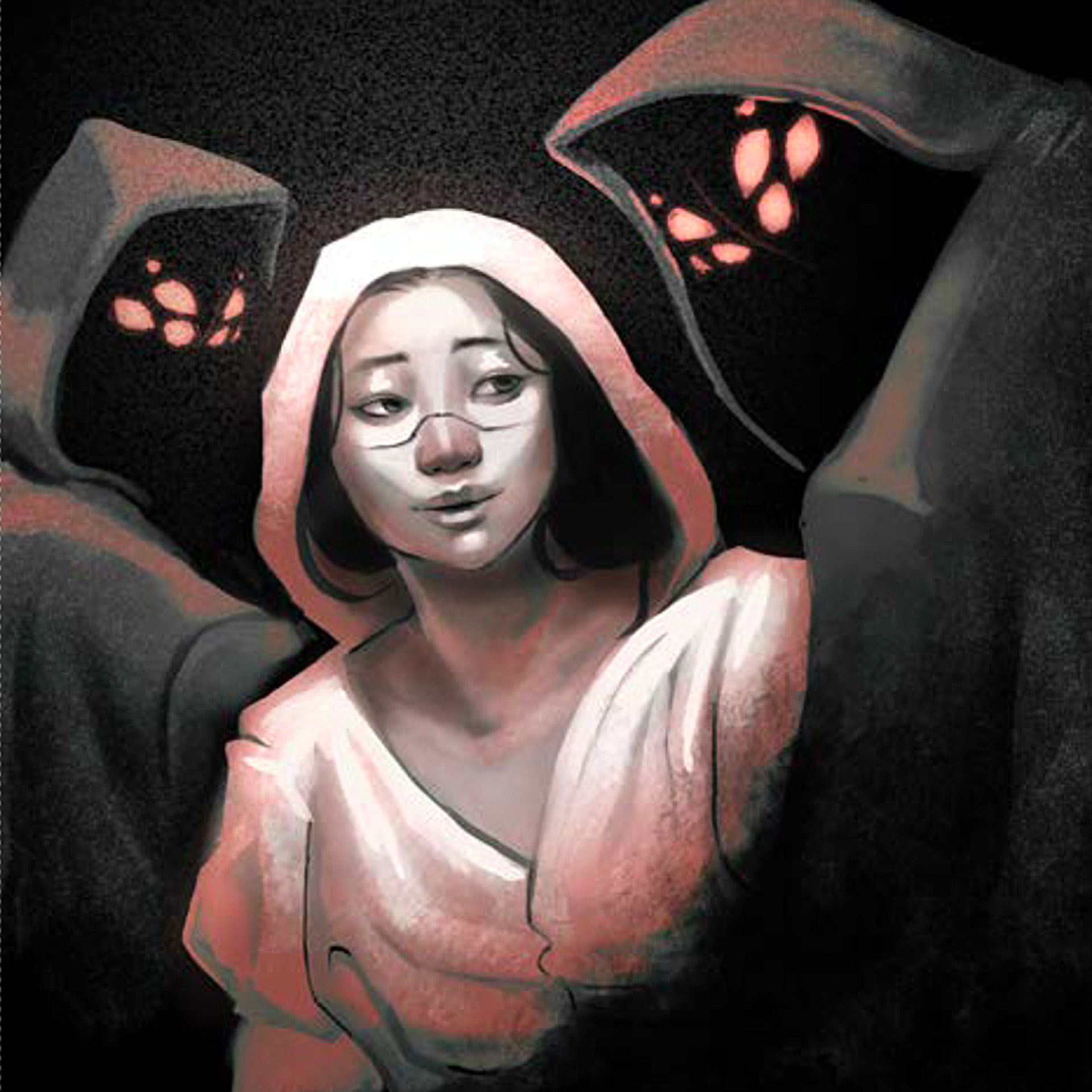 Two cloaked figures around a person